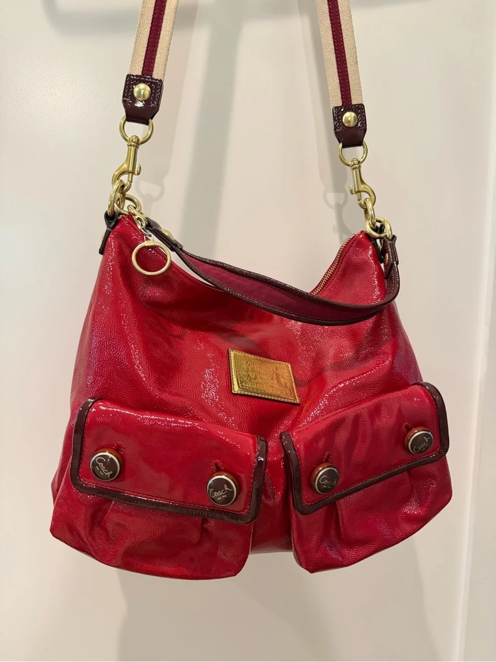 Coach Red Patent Leather Shoulder Bag with Dual Front Pockets
